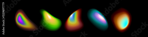 Vibrant gradient aura collection with glowing rainbow colors on black background. Realistic abstract luminous shapes in neon multicolored halos for modern digital art and futuristic designs.
