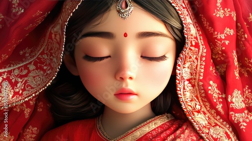 Serene Portrait of a Young Woman in Traditional Red Attire