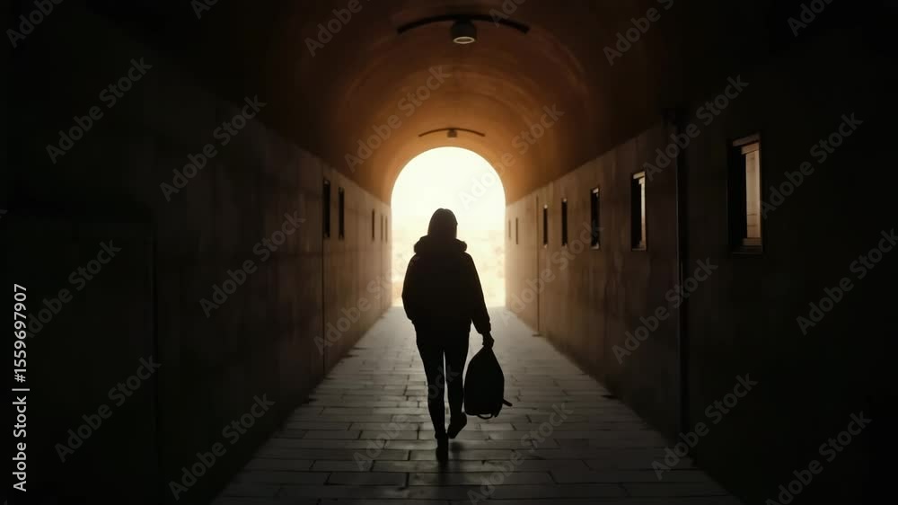 Silhouette of person walking through tunnel toward light, symbolizing transition and personal journey

