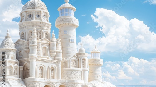 Intricate Sandcastle by the Ocean with Towers and Sculptures