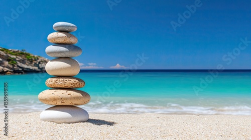 Stacked Pebbles on Beach with Clear Blue Water and Sky Background