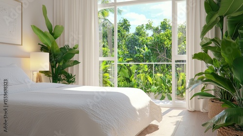 Bright and Serene Bedroom with Large Window Overlooking Lush Nature