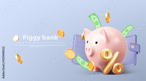 Pink 3d piggy bank with purple wallet, green money bills, golden coins and percent symbol for financial savings concept. Banking illustration with wealth management and cash accumulation tools.