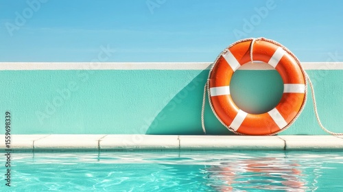 Bright Orange Lifebuoy Hanging on Wall by Tranquil Pool Waters