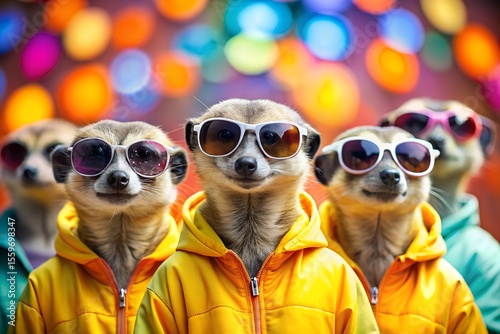Four stylish meerkats in yellow hoodies and sunglasses pose together for a fun group portrait