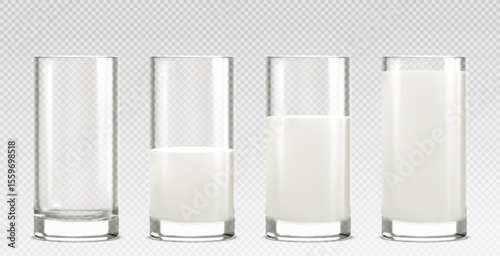 Glass cup collection showing milk filling stages - from empty transparent tumbler to full white dairy beverage. Clear drinking vessels with progressive liquid levels for nutrition concept presentation