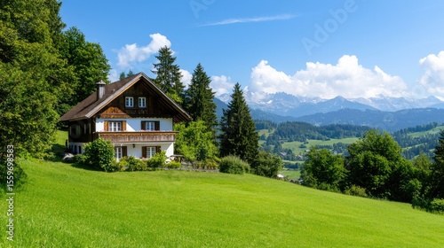 Charming Mountain House Surrounded by Lush Green Landscape and Sky