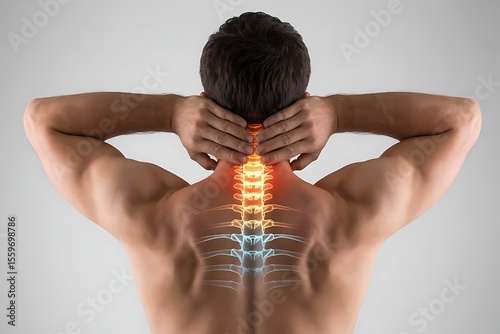 Man holding his neck experiencing pain with highlighted spinal column and vertebrae