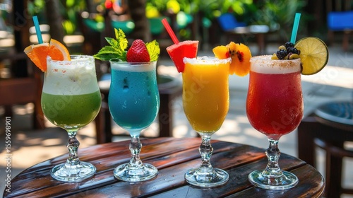 Colorful Tropical Cocktails Displayed on Wooden Table