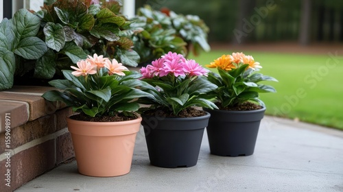 Three Potted Flowers in Orange Pink and Yellow with Green Leaves on Brick Porch with Blurry Green Background