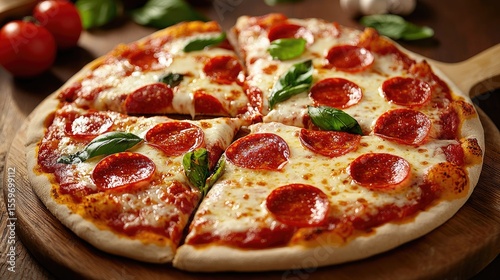 Delicious Freshly Baked Pepperoni Pizza on Wooden Cutting Board