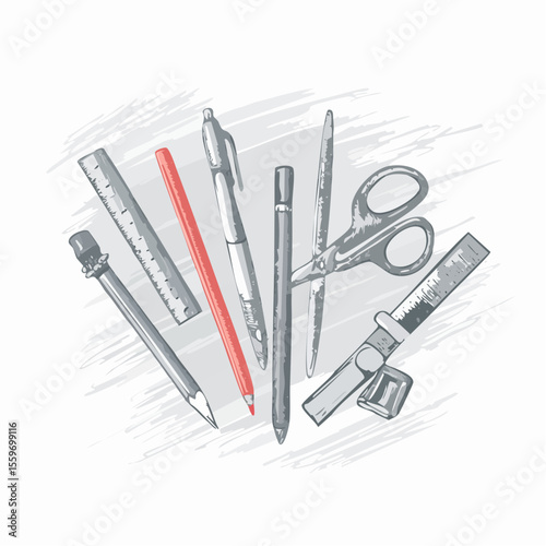 A loosely hand-sketched vector illustration of a collection of stationery supplies like scissors, a paperclip, an eraser, and a pencil sharpener, drawn in wobbly pen lines with little skips and quirks