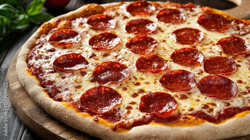 Delicious Pepperoni Pizza Freshly Baked on Wooden Serving Board