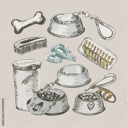 Friendly hand-sketched vector of pet supplies like food bowl, treat jar, leash, and chew toy drawn in soft pen with light, playful energy on cream background.