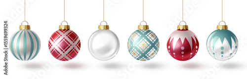Christmas tree bauble set in 3d glass style with decorative patterns - striped, plaid, geometric and dotted ornaments hanging on golden strings, colorful holiday decorations for festive designs.