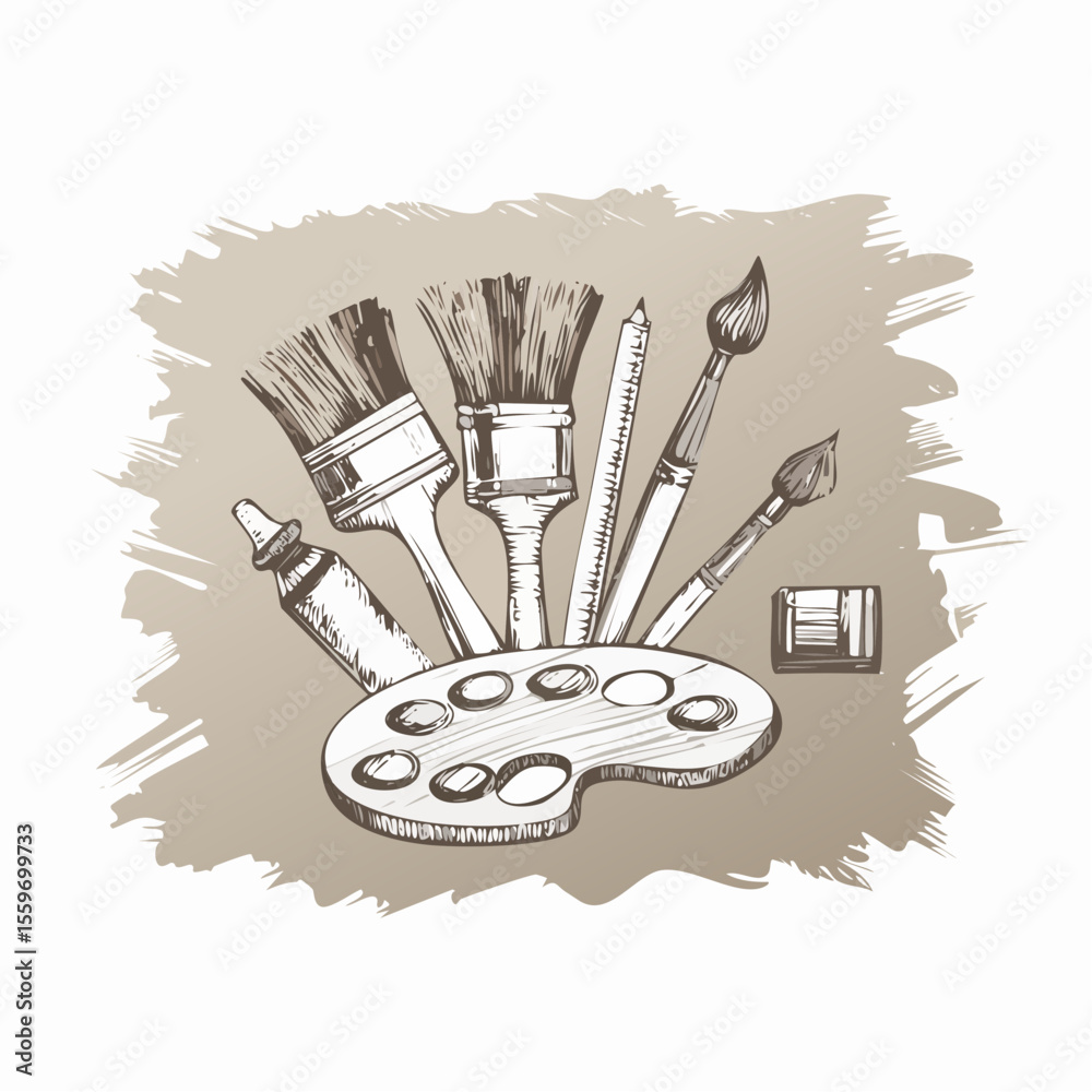 Messy, expressive vector sketch of art tools like palette, paintbrush, ink bottle, and charcoal stick drawn in rough lines on torn sketchpad background.