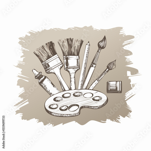 Messy, expressive vector sketch of art tools like palette, paintbrush, ink bottle, and charcoal stick drawn in rough lines on torn sketchpad background.
