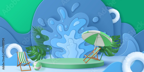 3D summer podium display - green circular platform with beach umbrella, deck chairs, tropical leaves, water splash paper cutouts, pool floaties on blue waves for vacation promotion, seasonal advertise