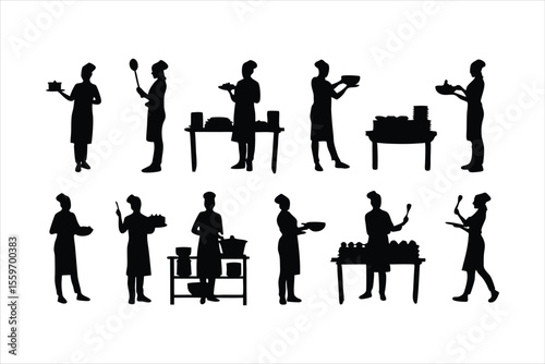Diverse Chefs and Kitchen Staff Silhouettes - Food Preparation Vector Set