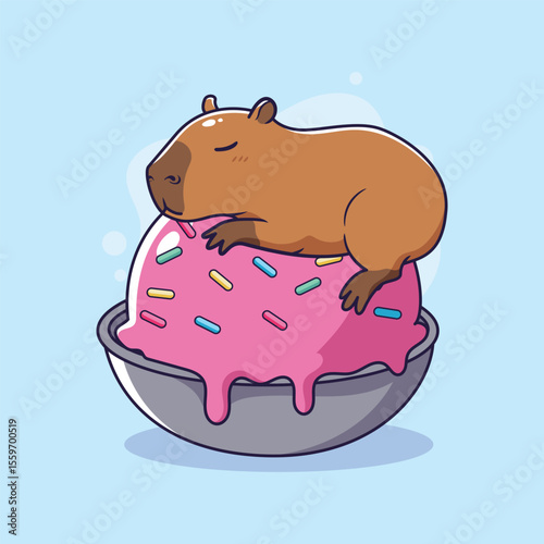 Cute Capybara Sleeping on a Pink Ice Cream. Vector illustration