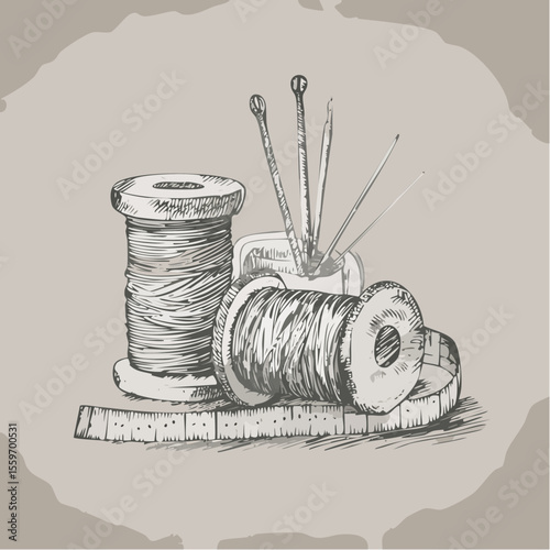 Vintage-style hand-sketched vector of sewing gear like thread, needle, tape, and thimble drawn in quick, casual lines on craft paper background.