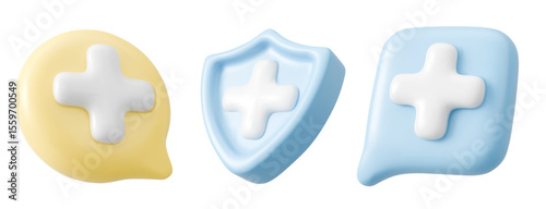 3D health icons collection - white plus symbols on yellow speech bubble, blue shield and rounded square speak cloud for medical apps, healthcare websites, hospital branding or pharmacy design.
