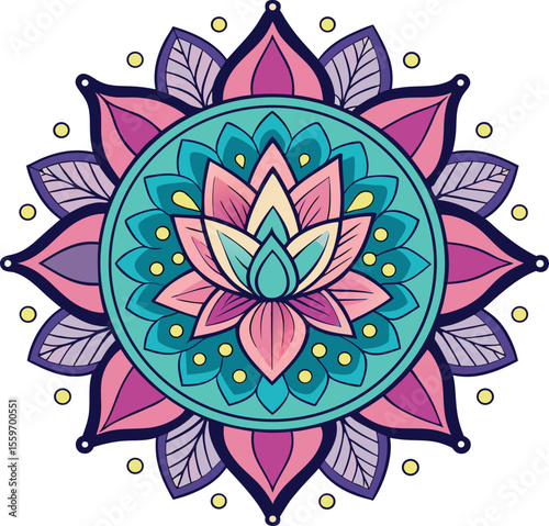 Ornate mandala design with pink and teal lotus flower