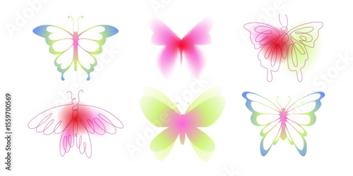 Photography Y2k butterfly set with gradient rainbow wings, pink blurred effects, neon green and blue colors