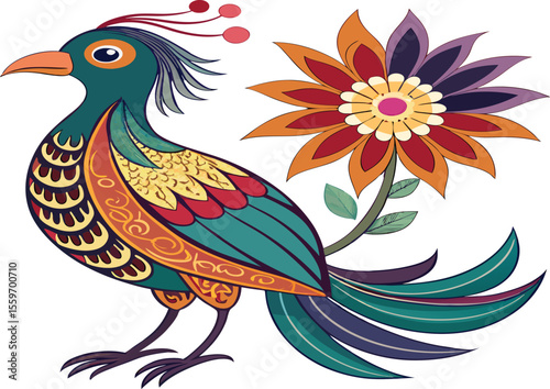 Ornate bird with colorful floral design element