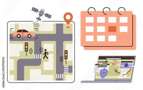 GPS satellite tracking vehicle, intersections with pedestrian crossing, traffic lights, calendar planning, and secure online operations via laptop. Ideal for smart city, GPS, automation, scheduling