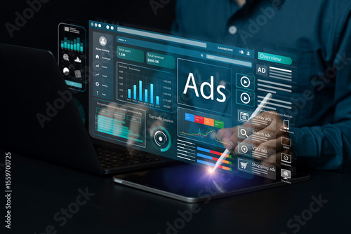 Digital marketing commerce online sale concept, Businessman using laptop with Ads dashboard digital marketing strategy analysis for branding. online advertisement, ad on website and social media.
