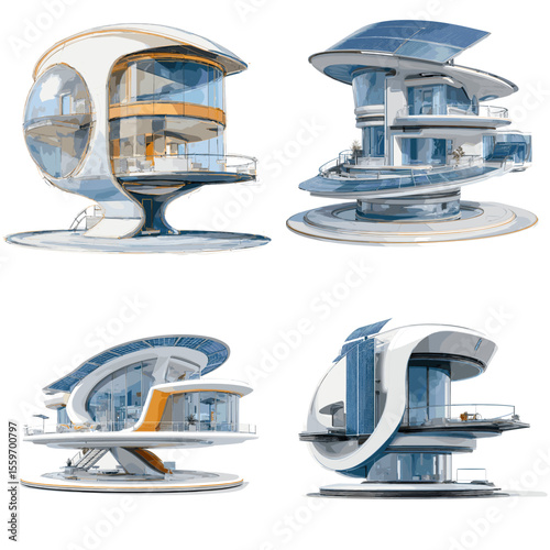 Futuristic house concepts with rounded glass architecture and advanced design, drawn in sleek style representing innovative, high-tech living solutions.

