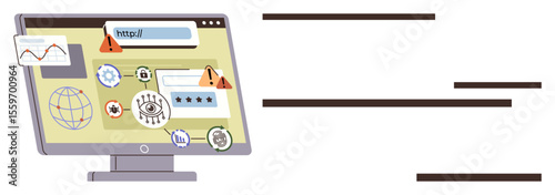 Desktop screen with warning signs, password fields, hacker icons, and data graphs. Ideal for cybersecurity, online safety, data protection, threat detection, privacy system monitoring simple flat