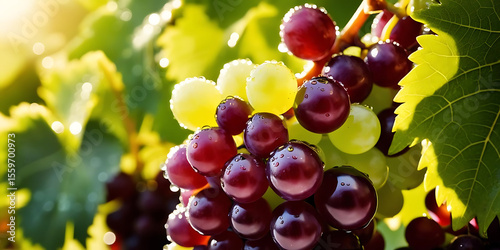 Close-Up of Ripe Green and Purple Grapes on Vine with Sunlight and Leaves

