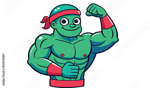 Strong green cartoon muscle man flexing arm