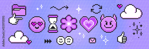 Pixel art emoticon set with purple smiling face with heart eyes and evil emotion, hourglass timer and flower, pixelated cloud icons, sparkling stars, folder and thumbs up gesture for retro interface