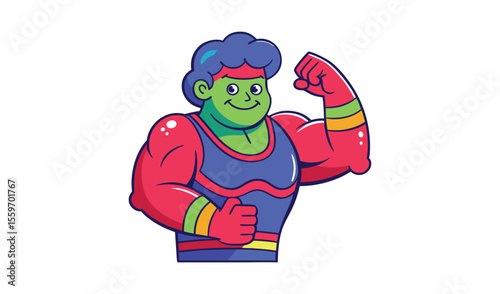 Strong cartoon superhero flexing muscles
