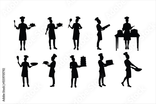 Diverse Chefs and Kitchen Staff Silhouettes - Food Preparation Vector Set