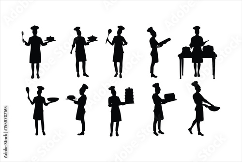 Diverse Chefs and Kitchen Staff Silhouettes - Food Preparation Vector Set