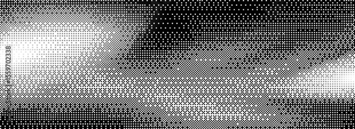 Pixel art gradient background for retro game design - black to white halftone transition with dotted pattern. Classic 8 bit style texture for vintage gaming interface or digital artwork projects.