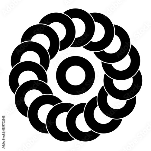 Chain of circles crop circle pattern. 15 overlapping circles, rotated by 24 degrees around a 16th circle in the center, forming a kind of chain. Crop circle found 2025 near Jurassic Coast in Devon.