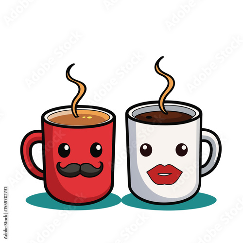 A cute cartoon two coffee cup with a smiling face, Funny vector illustration.
