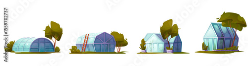 Cartoon greenhouse garden cartoon set with blue glass domes surrounded by trees, bushes, wooden ladder. Modern botanical conservatory buildings for farming game assets or agricultural illustrations.