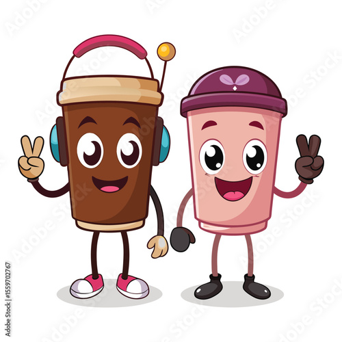 A cute cartoon two coffee cup with a smiling face, Funny vector illustration.
