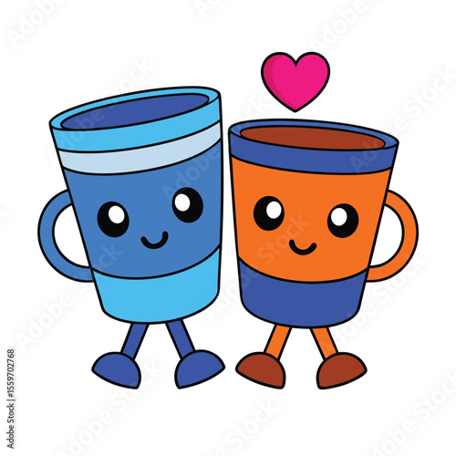 A cute cartoon two coffee cup with a smiling face, Funny vector illustration.
