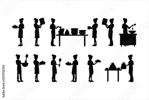 Diverse Chefs and Kitchen Staff Silhouettes - Food Preparation Vector Set