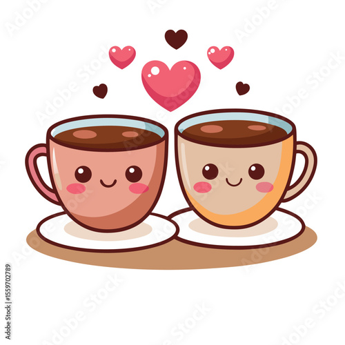 A cute cartoon two coffee cup with a smiling face, Funny vector illustration.
