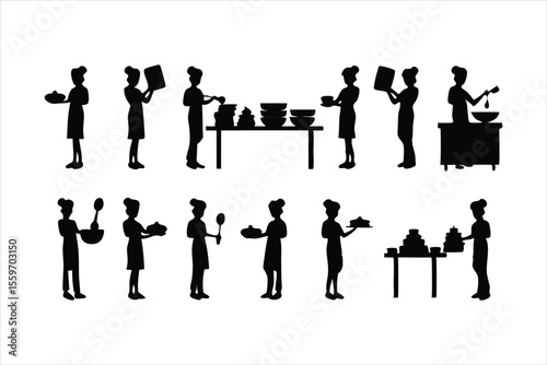 Diverse Chefs and Kitchen Staff Silhouettes - Food Preparation Vector Set