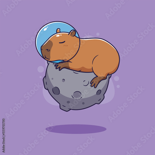 Cute Capybara Astronaut Sleeping on an Asteroid. vector illustration