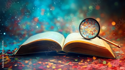 Explore knowledge with an open book and magnifying glass amidst a vibrant, colorful and sparkling background
